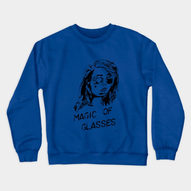 The magic of glasses , a black sketch of a woman with a caption . Crewneck Sweatshirt by Bird